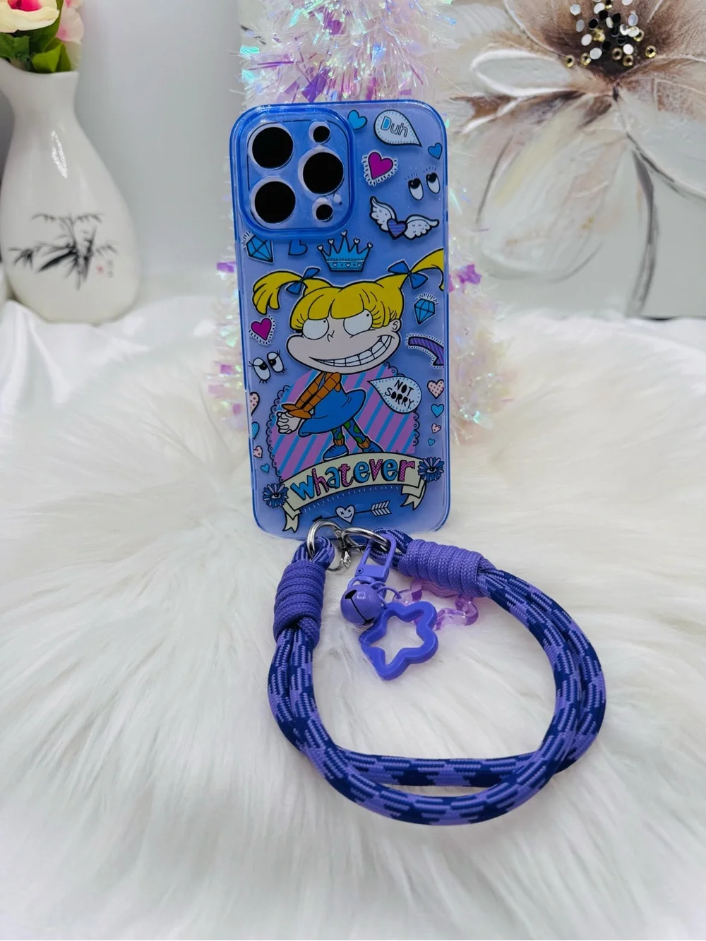 Y2K Angelica “Whatever” Cartoon iPhone 16 Pro Max Case with Wrist Strap